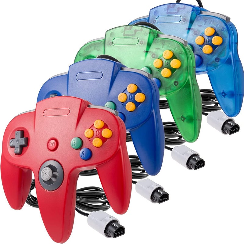 miadore 4 Pack Classic N64 Controller, Wired N64 Controllers with Upgraded Joystick (Non PC USB Version)(Red/Blue/Clear Green/Clear Blue) - Image 1